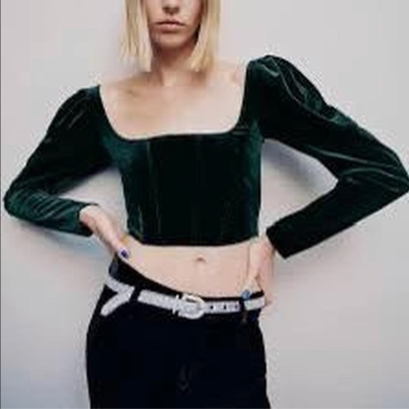 Zara Tops - Zara Green Velvet Long Puff Sleeve Stretch Corset Crop Top - Size Medium